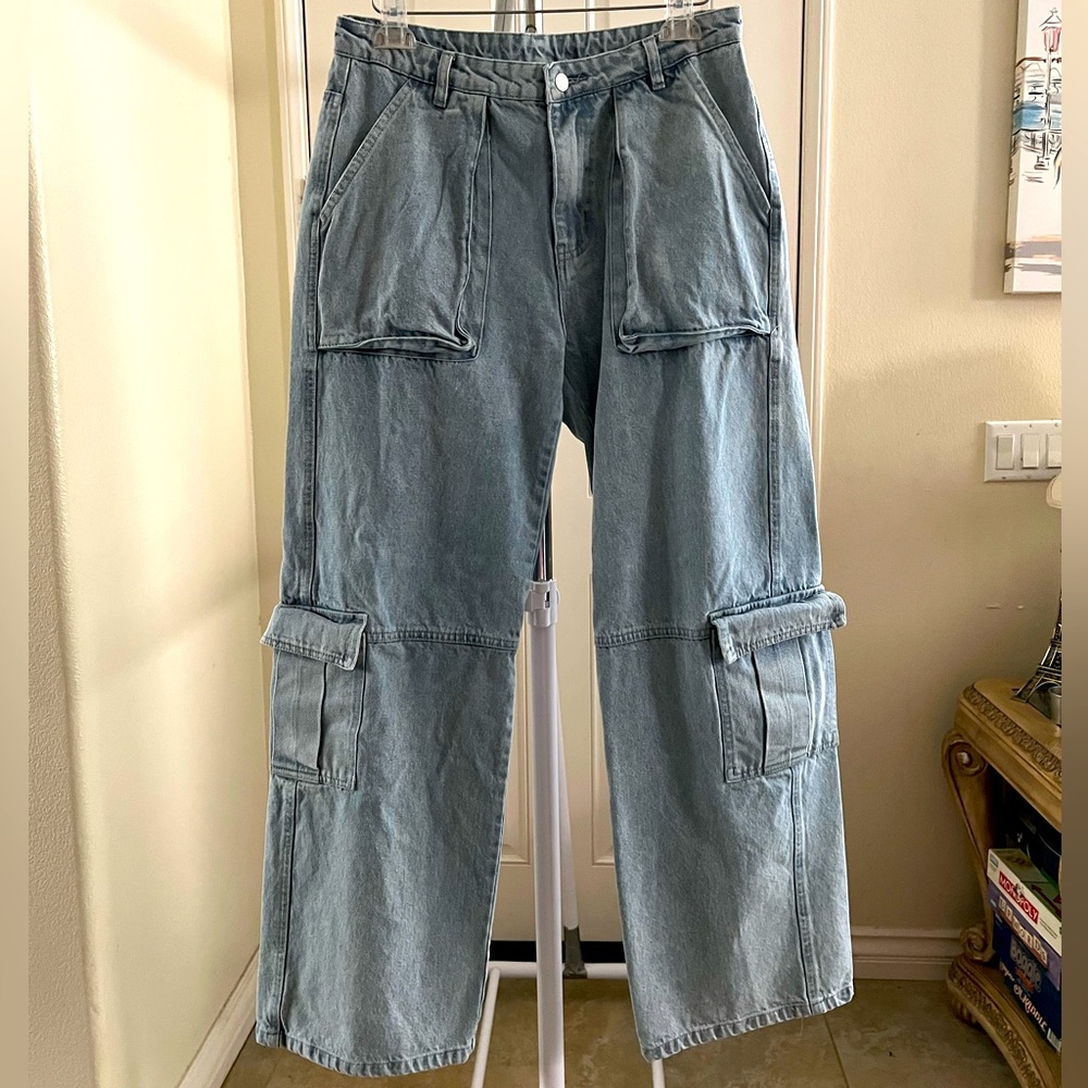 Beige Botany Cargo Pockets Wide Leg Jeans